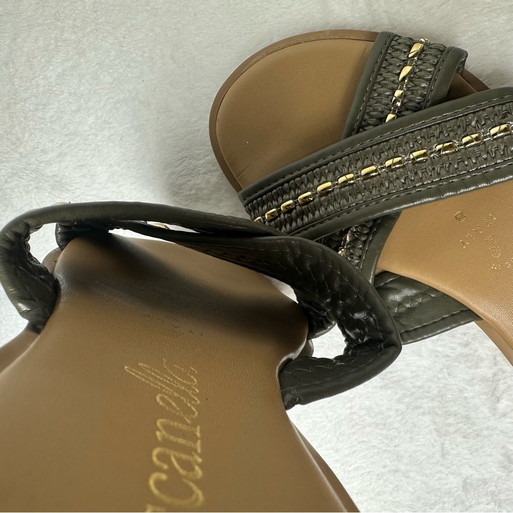 Toscanella Made In Italy Flat Sandals Beaded Army Green Leather Strap Size 8 - Picture 11 of 13